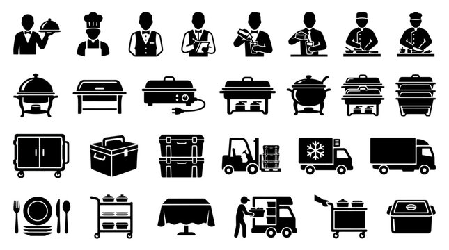 Catering and food delivery service vector icon set, food warmer, chafing dish, waiter, chef, delivery truck, tableware, banquet and restaurant symbols, black glyph icons