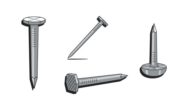Detailed illustration of four metallic steel nails shown from different angles and perspectives on a clean white background.