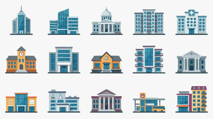 Fototapeta premium Elegant Collection of Diverse Modern and Classic Buildings Illustrated in Vibrant Colors and Clean Designs