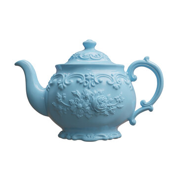 An old pale blue porcelain teapot with raised floral relief and an ornate curved handle, isolated on white transparent