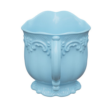 An ornate pale blue ceramic cup with a scalloped rim, raised floral relief, curved handle and pedestal base, isolated on white transparent