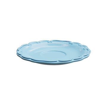 A pale blue vintage porcelain saucer plate with a glossy finish and ornate scalloped rim, isolated on white transparent