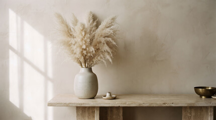 Obraz premium A single ceramic vase with dried pampas grass resting on a beige table against a textured limewash plaster wall, soft window shadow, modern minimalist background