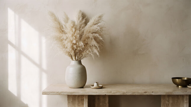 A single ceramic vase with dried pampas grass resting on a beige table against a textured limewash plaster wall, soft window shadow, modern minimalist background