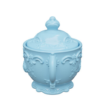 Pale blue ceramic bowl with a lid, floral relief, curved handles and a decorative finial, isolated on white transparent