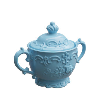Pastel blue porcelain sugar bowl with a lid, raised floral reliefs and twin handles, isolated on white transparent