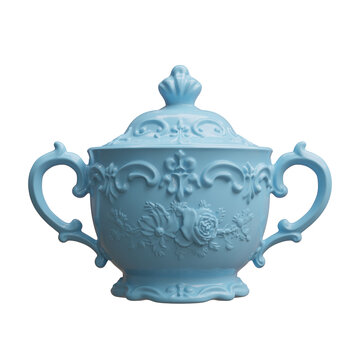 Ornate blue porcelain sugar bowl with a domed lid, twin handles, and raised floral details, isolated on white transparent