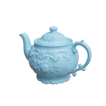 Ornate vintage blue porcelain teapot with floral relief, a lid, curved spout and scroll handle isolated on white transparent