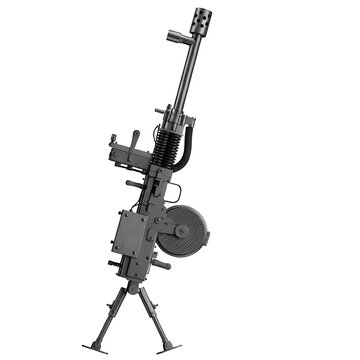 Heavy light machine gun with bipod and large capacity circular magazine isolated military magazine automatic artillery tactical security equipment isolated background shooting