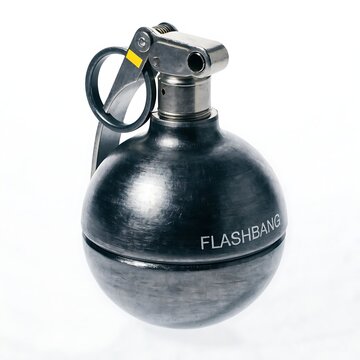 Black metal tactical flashbang grenade on white background with non lethal flashbang tactical military enforcement explosive isolated background training simulation hardware