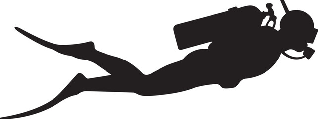 Black silhouette of a scuba diver swimming underwater. Vector graphic icon of a deep sea diver with gear, oxygen tank, and flippers © NiMade