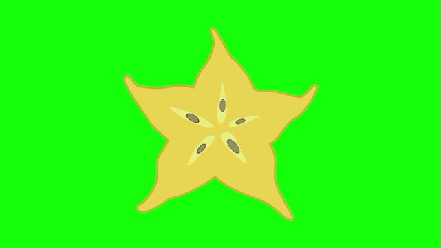 Starfruit, star fruit icon sign, isolated tropical yellow fruits on green screen. Animated fresh healthy raw food cartoon. Advertisement, illustration idea, organic and natural diet symbol.