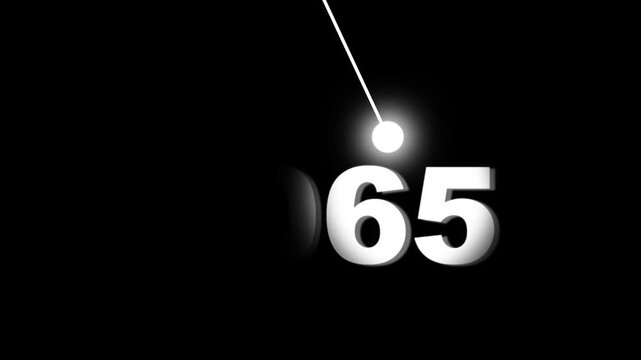 Pendulum swing motion with year 2065 text reveal, futuristic countdown concept, minimalist black and white abstract animation for technology and future themes