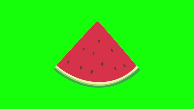 watermelon, slice fruit icon sign, isolated tropical red fruits on green screen. Animated fresh healthy raw food cartoon. Advertisement, illustration idea, organic and natural diet symbol.