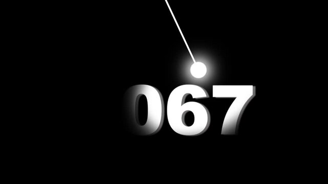Minimalist countdown animation with glowing pendulum and 2067 digital typography on black background