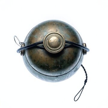 Antique metal spherical bell with cord isolated on white background spherical ornament isolated background heritage traditional historic collectible decoration accessory tarnished