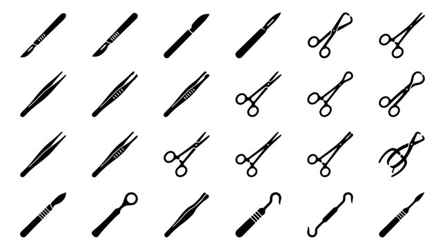 Surgical instruments vector icon set, medical tools, scalpels, forceps, tweezers, surgical scissors, operation equipment, healthcare and hospital symbols, black glyph and outline icons