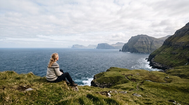 Woman in sweater sitting on dramatic clifftop overlooking sea