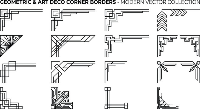 Geometric and art deco corner borders, modern vector collection for elegant design and creative decoration