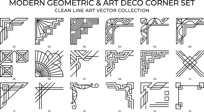 Geometric and art deco corner borders, modern vector collection for elegant design and creative decoration