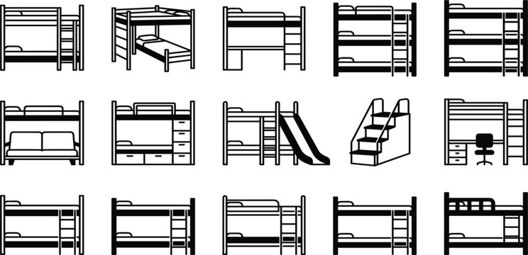 Bunk bed icon set with loft desk triple level ladder and stairs for kids room