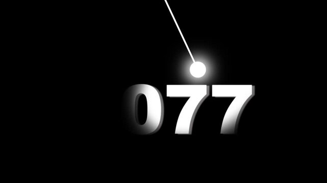 Futuristic 2077 neon text animation with swinging pendulum light effect on black background, sci-fi science fiction