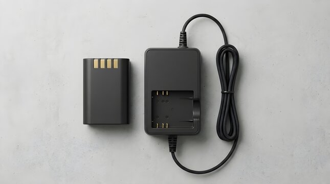 Camera Battery and Charger Flat Lay Composition