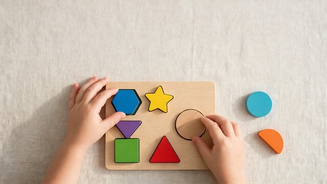 Child's hands playing with a colorful wooden shape sorter puzzle, learning geometric forms and developing fine motor skills on a light background.