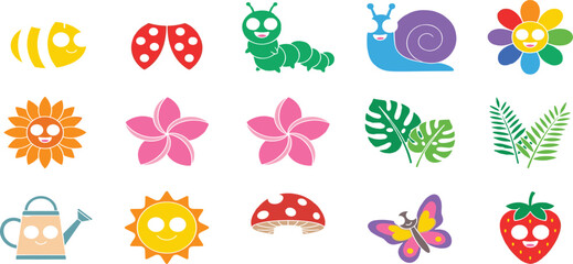 Cute garden insect and flower vector icon set with bee ladybug butterfly sun and strawberry © MdMejanur