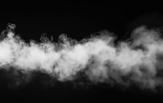 White wispy smoke stream flowing across horizontal axis against black background for creative composite design effects showing soft gaseous vapor movement in dark moody atmosphere light.