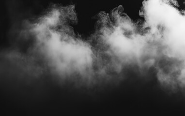 Fototapeta premium Thick white smoke erupts and billows dramatically against a void black background forming surreal abstract shapes and atmospheric light patterns ethereal flow.