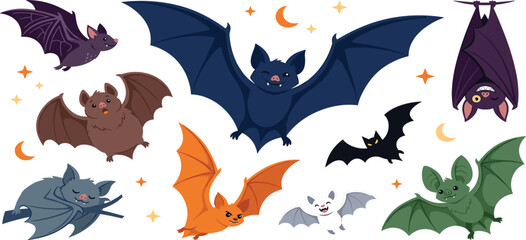 Spooky halloween bat vector element set with flying cartoon vampire characters moon and stars