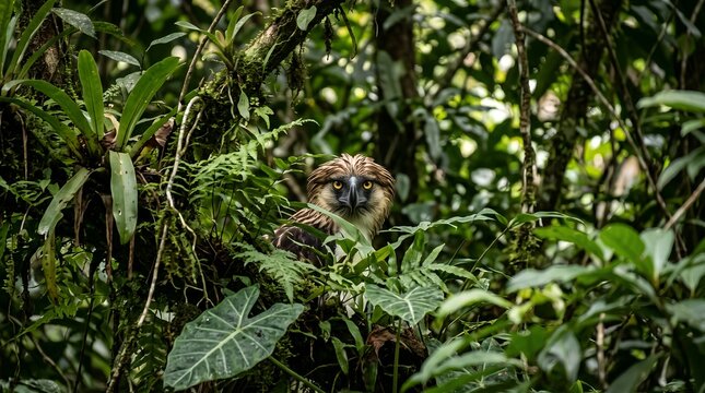 Philippine Eagle hidden among dense rainforest canopy, intense eye contact through tropical leaves, natural habitat