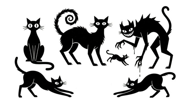 Vintage black cat silhouette collection, spooky Halloween feline illustration icons, cute creepy cartoon kitty set for decor isolated PNG with Transparent Background
