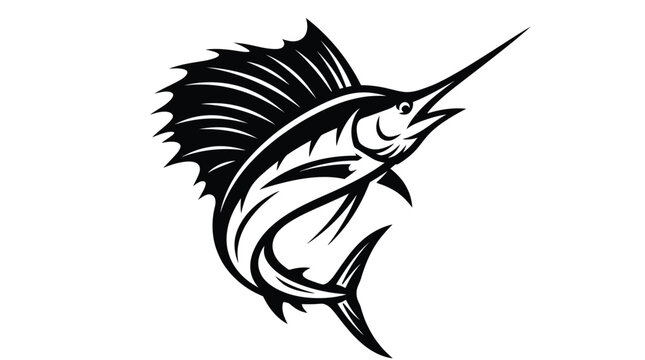 A black and white stylized vector illustration of a jumping sailfish with sharp elegant fins