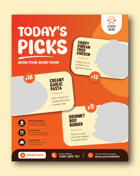 Restaurant food menu flyer template with modern orange layout featuring burger, fried chicken, pasta, special offers, price tags, and takeaway promotion for fast food business