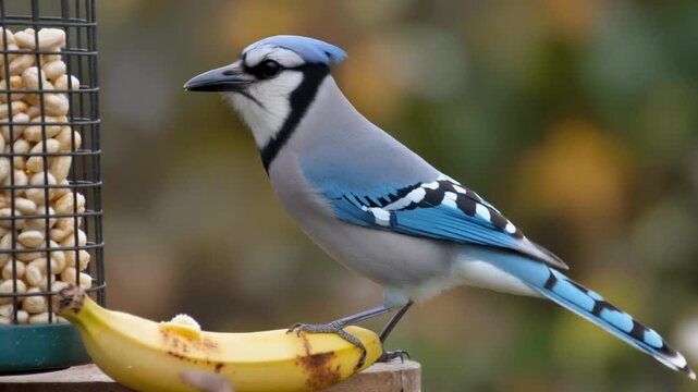 Vibrant Blue Jay Banana Eating Bird Perched on Garden Bird Feeder