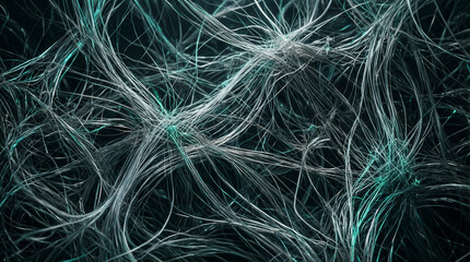 Obraz premium Artificial intelligence filaments microscopic view of matte polymer fibers in a deep dark abstract digital network
