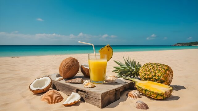 Refreshing tropical fruit juice on a wooden tray at the beach during a relaxing summer bank holiday