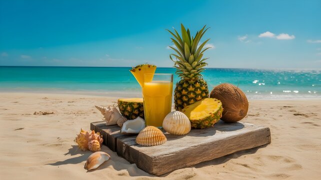 Fresh pineapple juice and tropical fruits on a wooden board at the beach for summer bank holiday