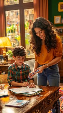 Brazilian Mother Assisting Son with Homework in Cozy Living Room Setting