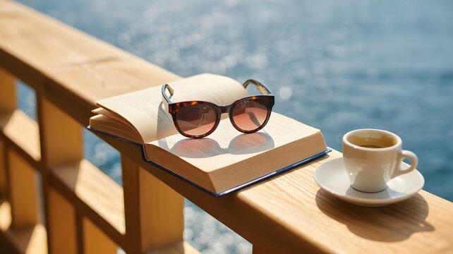 Relaxing morning scene with a book sunglasses and coffee by the pool during a sunny summer bank holiday