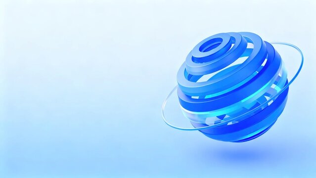 Glossy blue layered spherical shape with circular rings on light blue background creates modern futuristic abstract technology design for digital creative projects