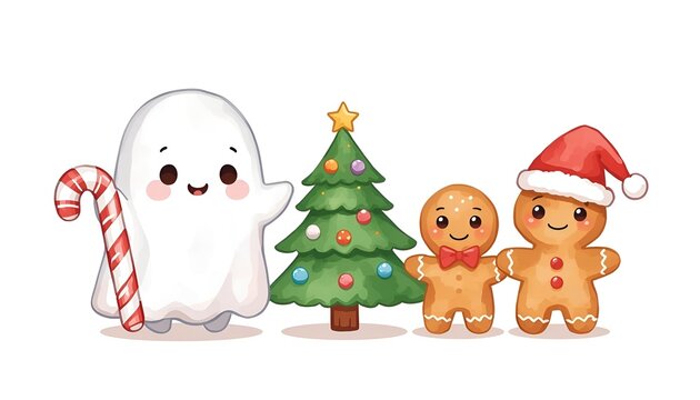 Festive Christmas Illustration featuring cute kawaii character Santa, gingerbread, snowman and Christmas tree on white background. Holiday clip art