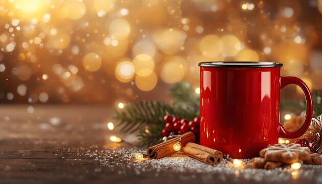 Red glass with Christmas tree branches and cinnamon background. Cozy winter holiday aesthetic for festive.