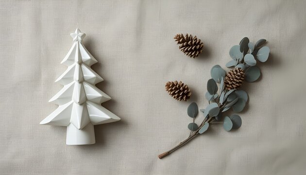 Minimalist Scandinavian Christmas composition with tree and pine. Elegant modern winter holiday aesthetic background.