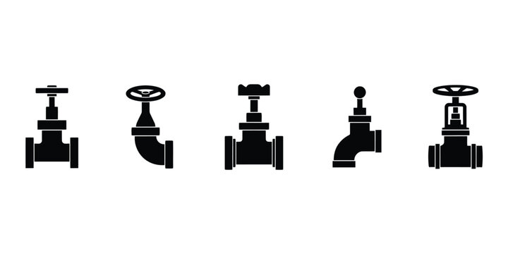 Five black silhouette of heavy duty industrial gate valves and water taps for plumbing and engineering isolated on a white background