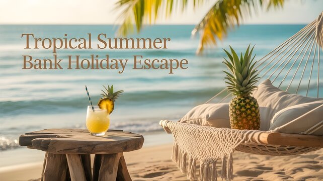 Relaxing tropical beach scene with pineapple cocktail for a perfect summer bank holiday vacation getaway
