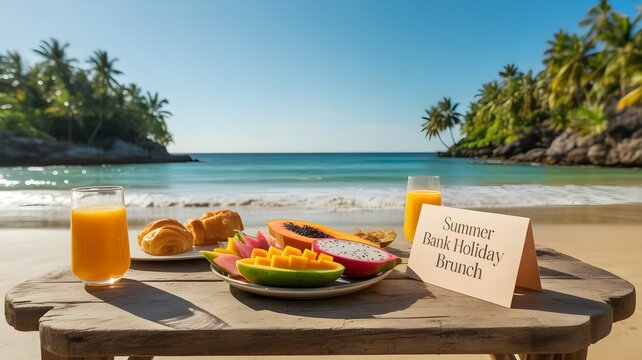 Delicious tropical breakfast served on a wooden table at the beach during a relaxing summer bank holiday vacation