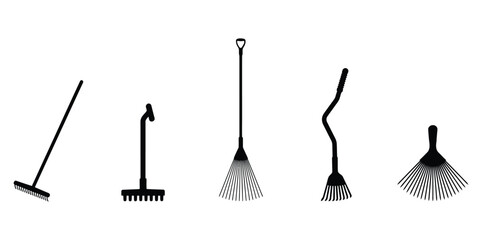 Set of black silhouette featuring different types of garden rakes and handheld landscaping tools for lawn and soil maintenance © TAYOBUR